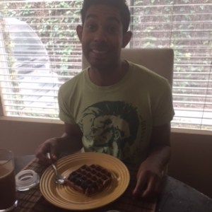 Adam liked his waffles! we added chocolate ganache he had in his fridge, this was not the wrong call.