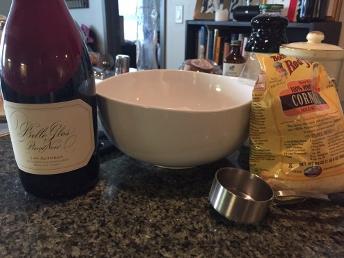 Mixin' that cornbread up. Wine for cook, not recipe.